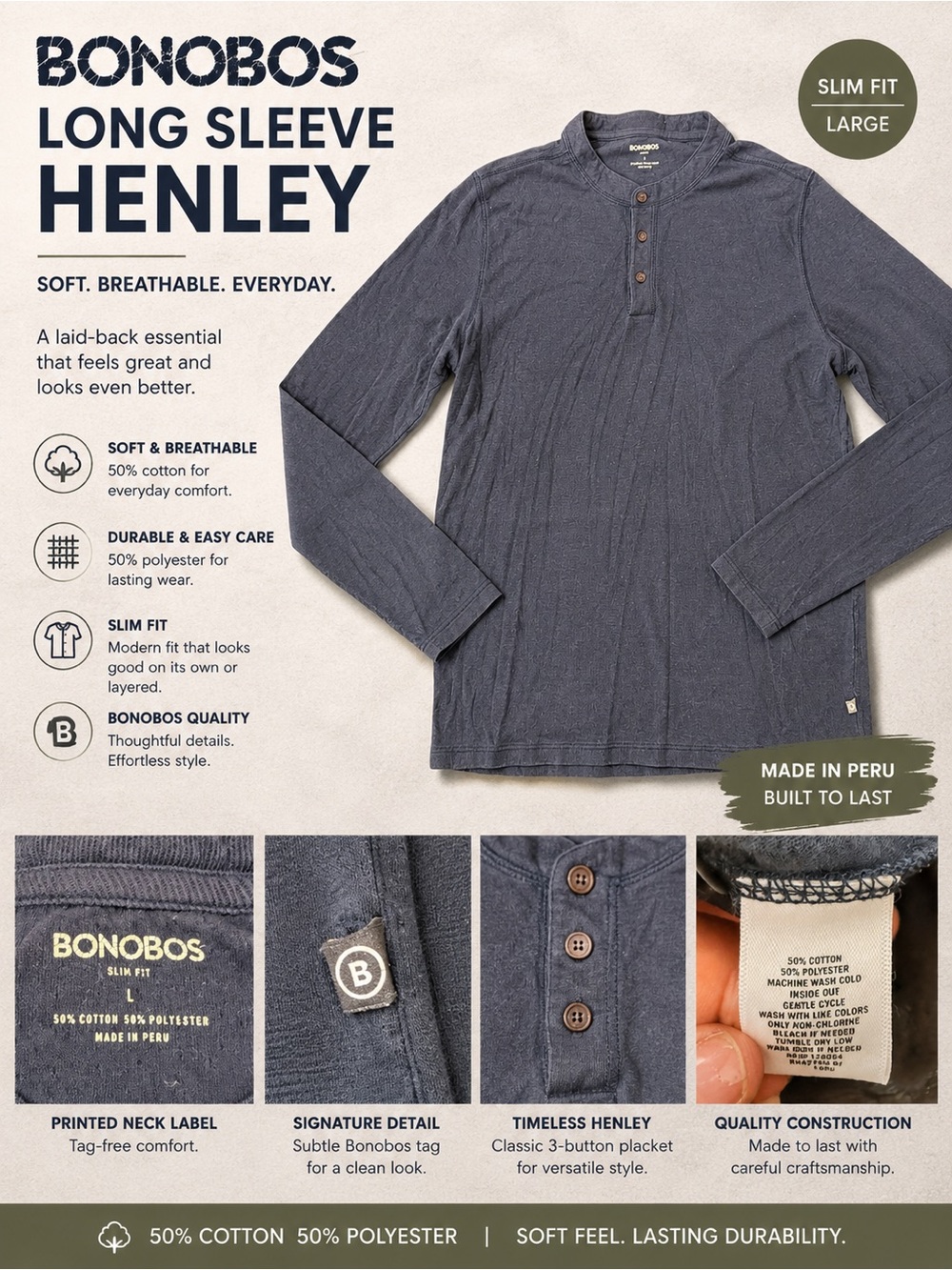 BONOBOS Slim Fit Long Sleeve Henley – Large